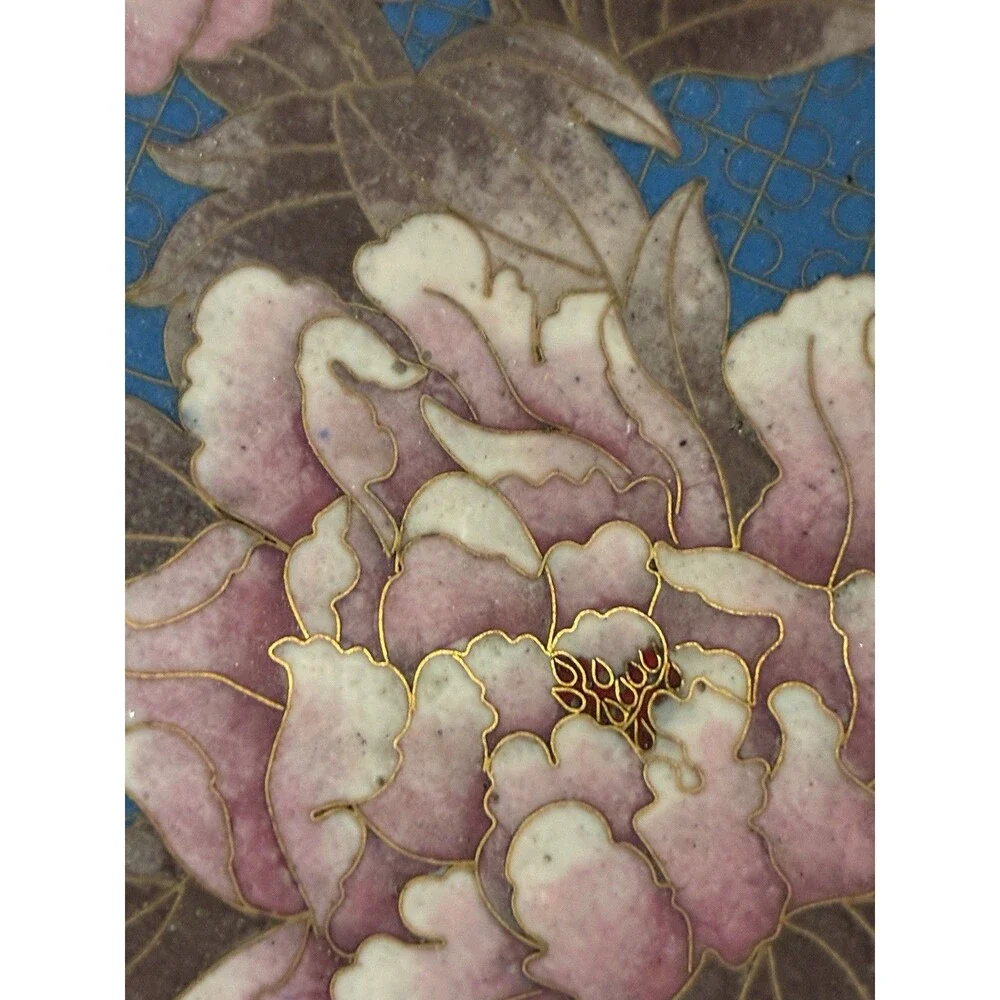 Blue Pink Flower Cloisonne Brass Enamel Hand Painted Plate Vintage Chinese